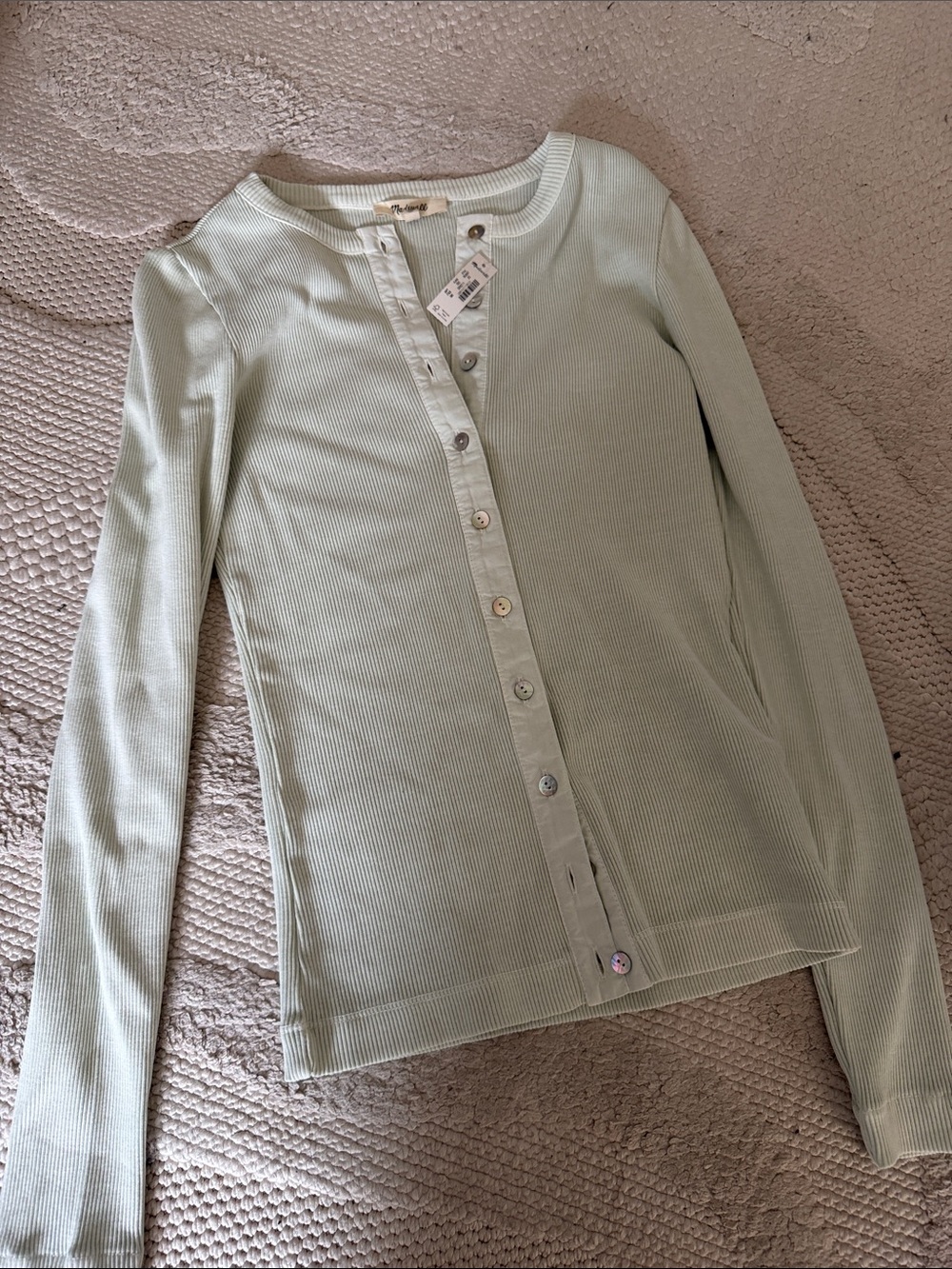 NWT Madewell Light Sage Ribbed Button-Front Long Sleeve Top